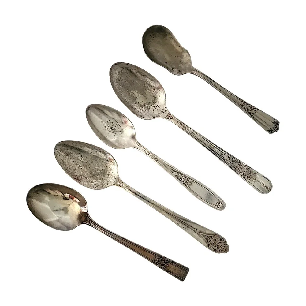 Vintage Mismatched Silverplate Spoons, Teaspoon, Sugar Spoon, etc., 5 pcs.